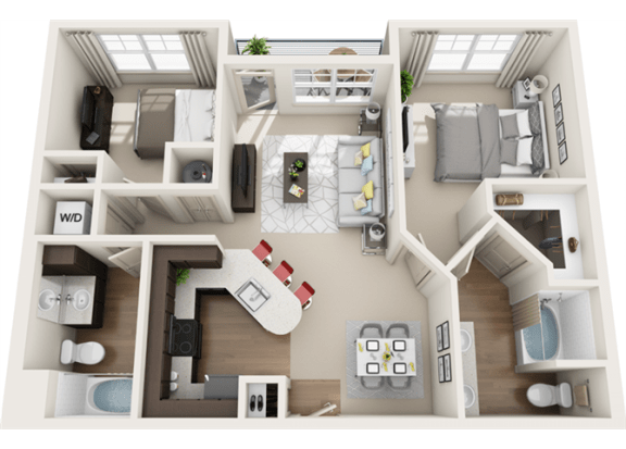 3d 2 bedroom floor plan | The Tribute Apartments in Raleigh, NC