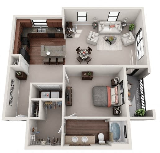 3d 1 bedroom floor plan | Gramercy on the Park Apartments in Dallas, TX