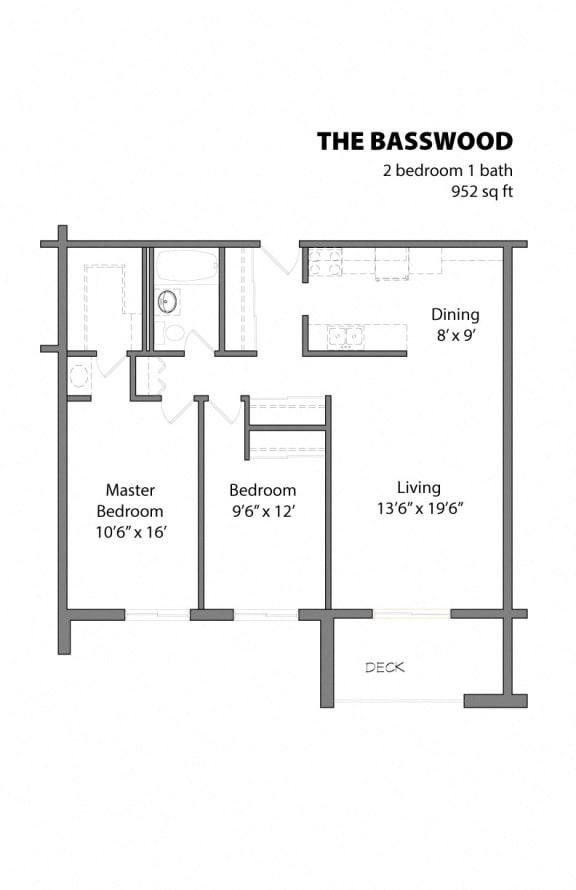 2 Bed 1 Bath The Basswood Floor Plan at Aspenwoods Apartments, Minnesota
