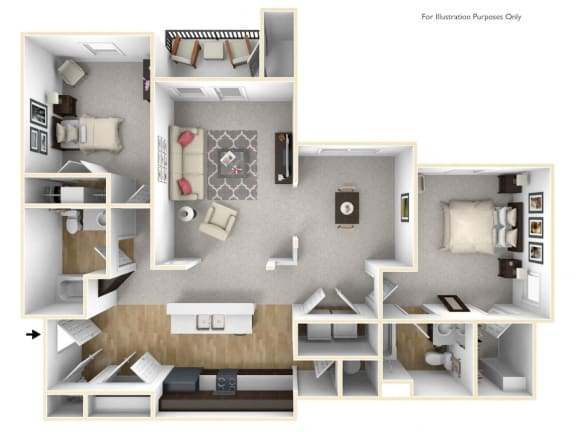 A 3D view of a 2 bedroom floor plan