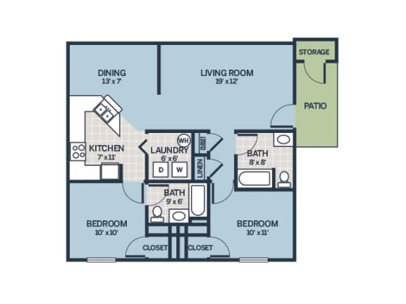 two bedroom floor plan apartment with patio at Bradford Run in Kokomo, IN