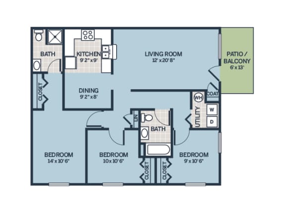 two bedroom floor plan apartment with patio Run Apartments in Kokomo, IN - Three bedroom