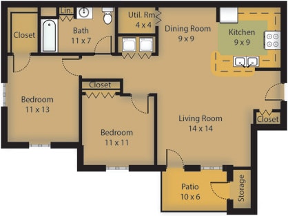 two bedroom apartment floor plan at Northlake Farms Apartments, Gurnee, Illinois