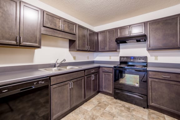 kitchen with new appliances and dark cabinets