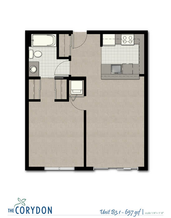 Floor Plan  One Bedroom B3 1 FloorPlan at The Corydon, Washington, 98105