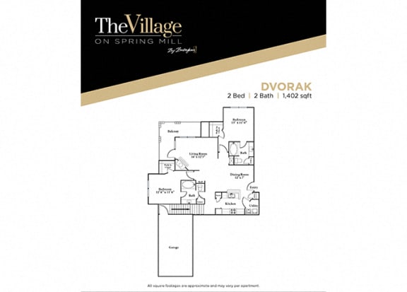 2 bedroom 2 bathroom Dvorak FloorPlan, 1402 Sq. Ft. at The Village on Spring Mill, Carmel, IN