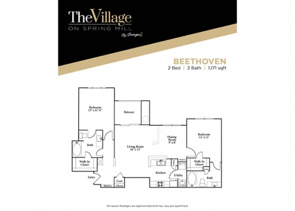 2 bedroom 2 bathroom floor plan at The Village on Spring Mill, Indiana, 46032