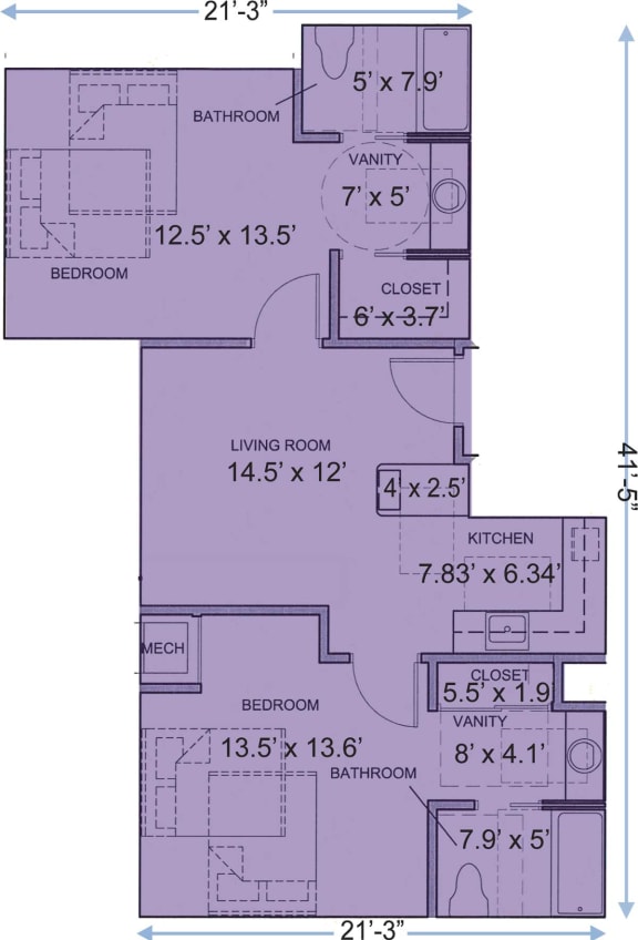 A floorplan of the 2 bedroom 1 bathroom unit