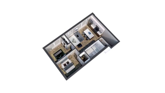 Kingfield 2 bedroom floor plan 3D view at The Central apartments near downtown Minneapolis MN