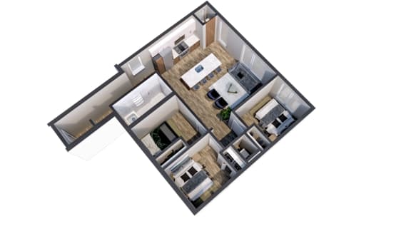 Powderhorn 3 bedroom apartment 3D view at The Central near downtown Minneapolis MN