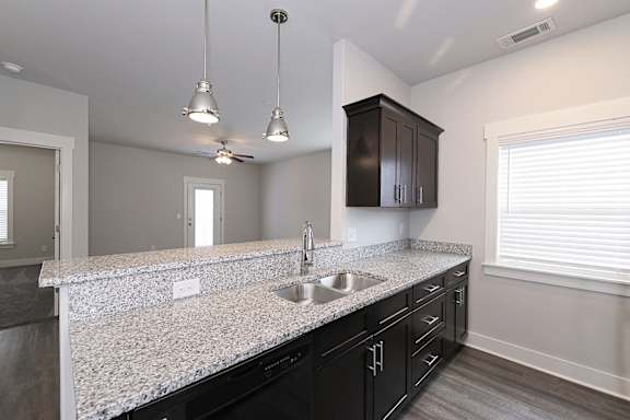 A kitchen with a granite countertop and black cabinets at McHenry Square Apartments, Augusta, GA, 30909