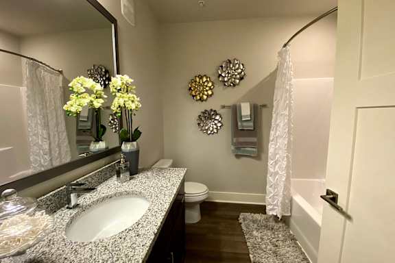 A bathroom with a sink, mirror, toilet, and a shower curtain at McHenry Square Apartments, Augusta, GA
