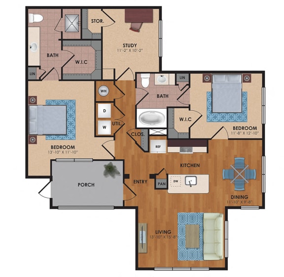 Parker 2 Bedroom 2 Bath Floor Plan