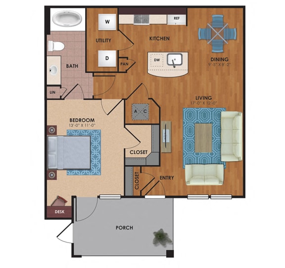 Sheldon 1 Bedroom 1 Bath Floor Plan