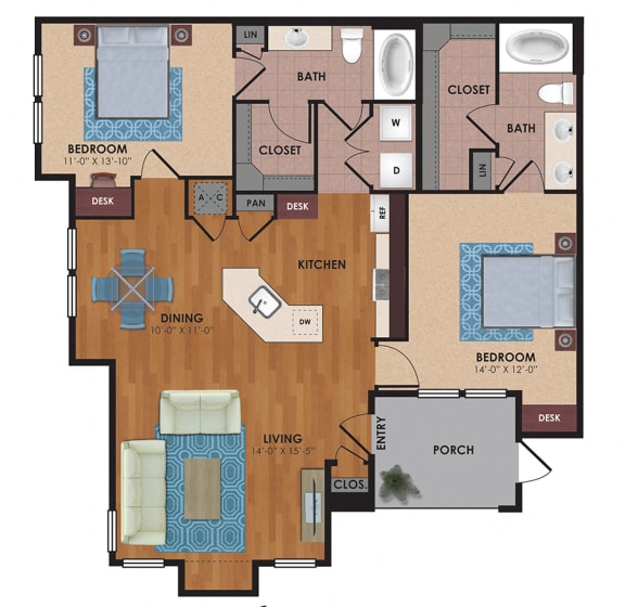 Tyler 2 Bedroom 2 Bath Floor Plan
