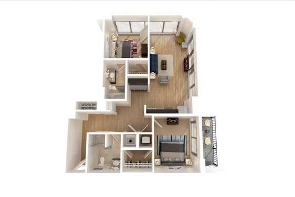 3D furnished rendering of the B3 The Halyard 1,078-square-foot two-bedroom, two-bath apartment at SkyHouse Channelside.