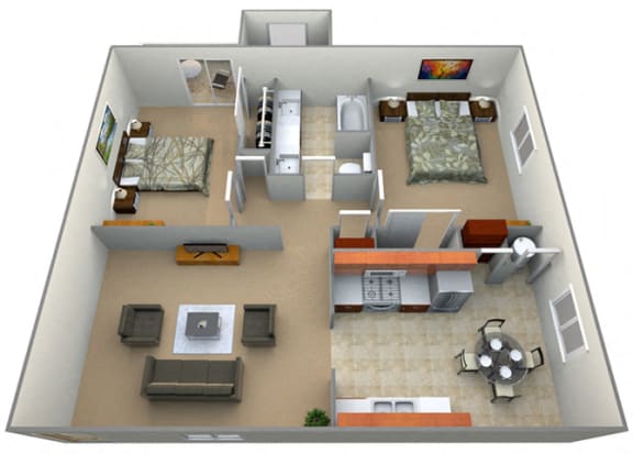 2 bedroom 1 bath Newbury Floor Plan at Oxford Park Apartments, Fresno, California
