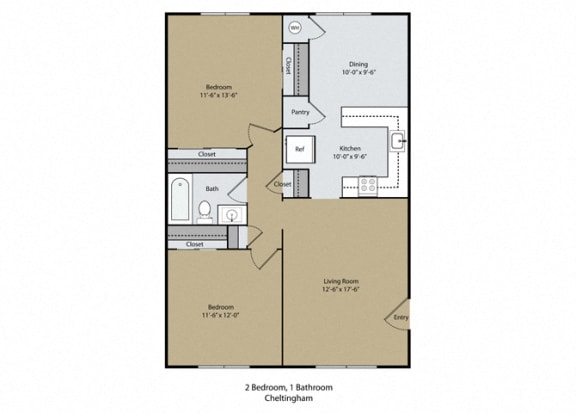 Floor Plan  2 bedroom 1 bathroom A Cheltingham Floor Plan at Scottsmen Apartments, California