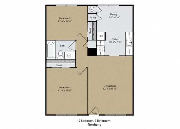 Floor Plan  2 bedroom 1 bathroom C Newberry Floor Plan at Scottsmen Apartments, Clovis, CA, 93612