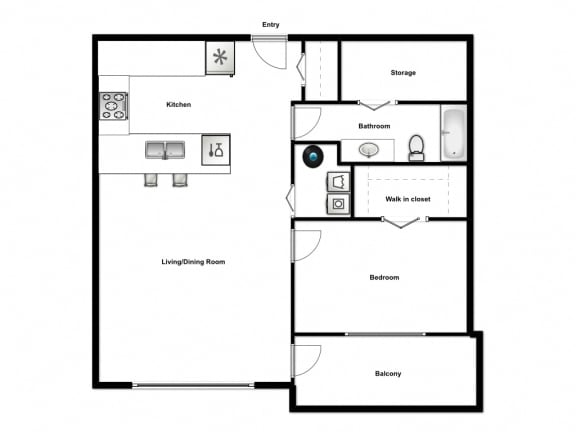 One bedroom, one bathroom apartment layout at Summerhill Place in Nanaimo, BC