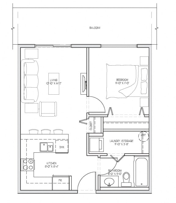 One bedroom, one bathroom apartment layout at Summerhill Place in Nanaimo, BC
