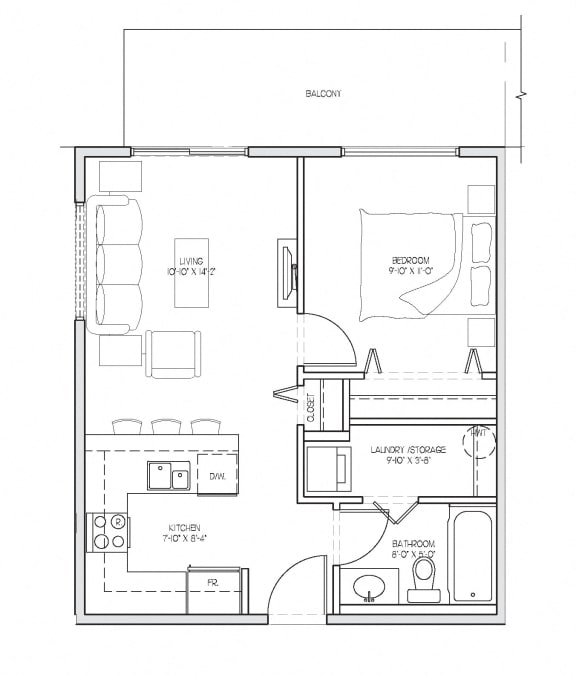 One bedroom, one bathroom apartment layout at Summerhill Place in Nanaimo, BC