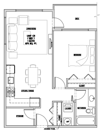 One bedroom, one bathroom apartment layout at Summerhill Place in Nanaimo, BC