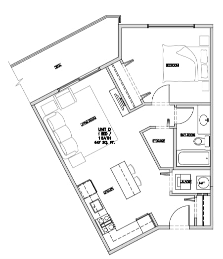 One bedroom, one bathroom apartment layout at Summerhill Place in Nanaimo, BC
