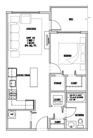 One bedroom, one bathroom apartment layout at Summerhill Place in Nanaimo, BC