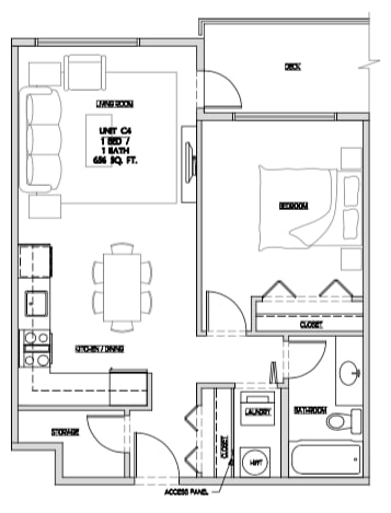 One bedroom, one bathroom apartment layout at Summerhill Place in Nanaimo, BC