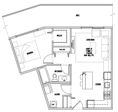One bedroom, one bathroom apartment layout at Summerhill Place in Nanaimo, BC