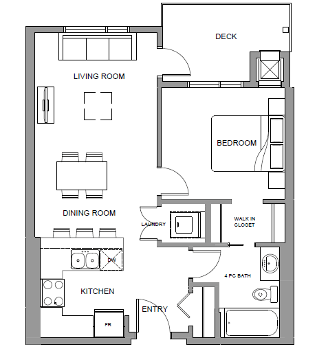 One bedroom, one bathroom apartment layout at Glenmore Central in Kelowna, BC