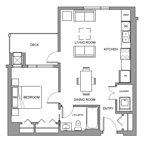 One bedroom, one bathroom apartment layout at Glenmore Central in Kelowna, BC