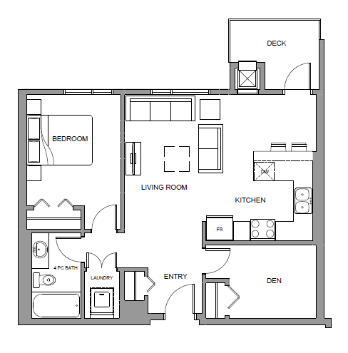One bedroom plus den, one bathroom apartment layout at Glenmore Central in Kelowna, BC