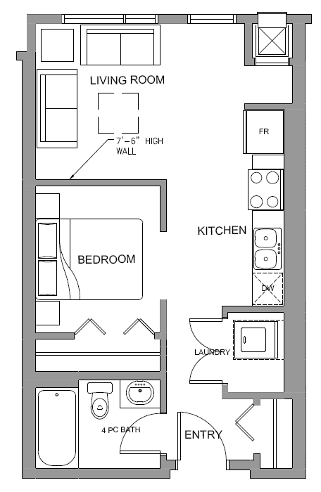 Bachelor, one bathroom apartment layout at Glenmore Central in Kelowna, BC