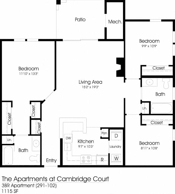 3 Bedroom Floor Plan at The Apartments at Cambridge Court, Rosedale