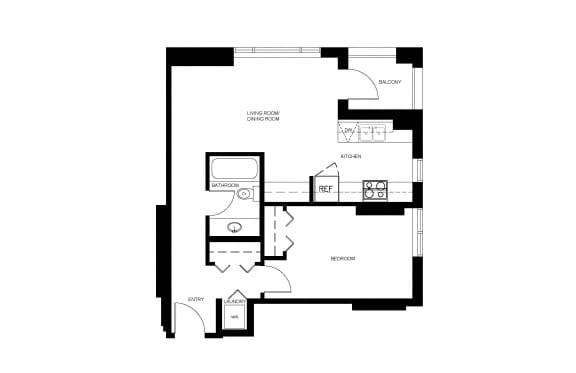 1 bedroom 1 bathroom apartment floor plan at Wesley Place apartment in Vancouver, British Columbia