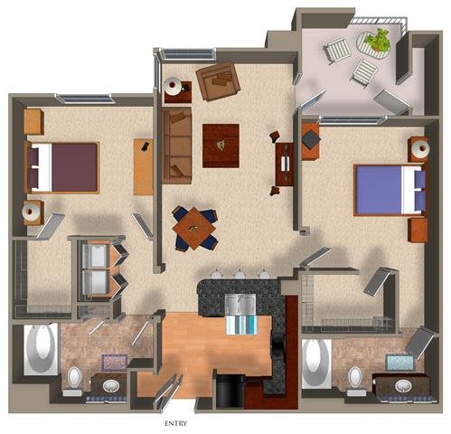 2 Bed - 2 Bath B1 Floor Plan at Carillon Apartment Homes, Woodland Hills, 91367