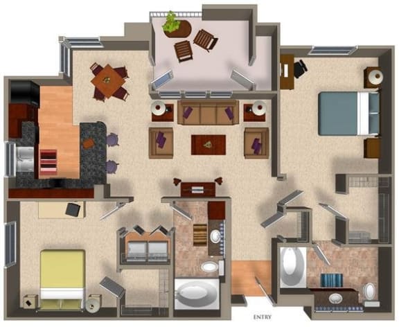 2 Bed - 2 Bath B2 Floor Plan at Carillon Apartment Homes, Woodland Hills, California