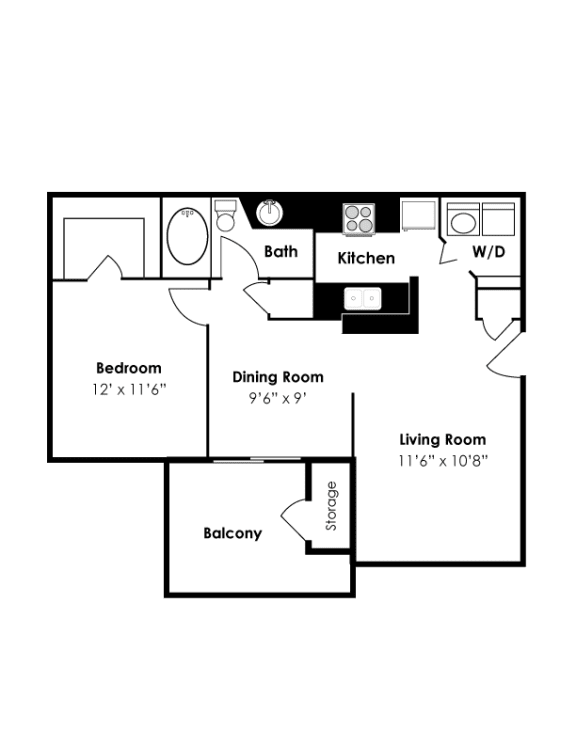 The Village 1 Bedroom 1 Bath Floor Plan 803sf at The Village Apartments, Raleigh