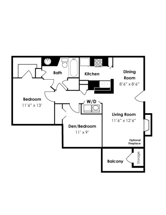 The Village 1 Bedroom 1 Bath 917sf Floor Plan at The Village Apartments, Raleigh, NC, 27615