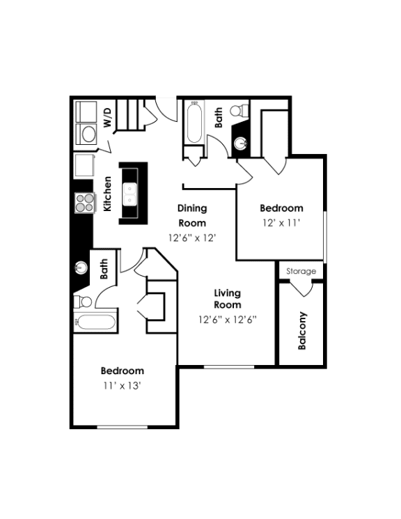 The Village 2 Bedroom 2 Bath 1110sf Floor Plan at The Village Apartments, Raleigh, NC