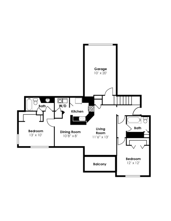The Village 2 Bedroom 2 Bath Garage 1244 sf Floor Plan at The Village Apartments, Raleigh