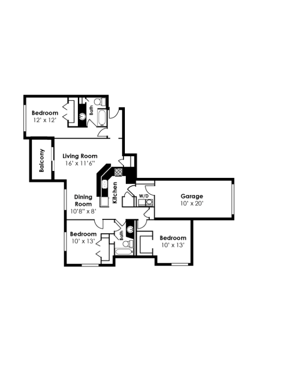 The Village 3 Bedroom 2 Bath 1 Car Garage Floor Plan 1475sf at The Village Apartments, Raleigh, NC, 27615