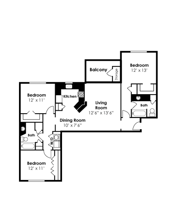 The Village 3 Bedroom 2 Bath 1385sf Floor Plan at The Village Apartments, North Carolina