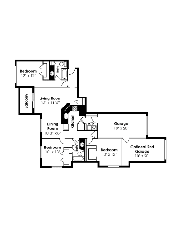 The Village 3 Bedroom 2 Bath 2-car garage floor plan 1475sf at The Village Apartments, Raleigh, NC, 27615