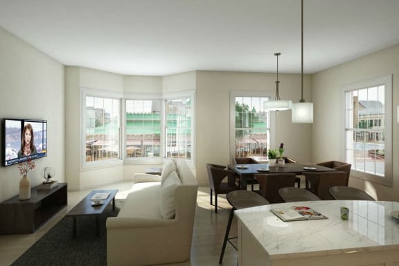 Living Room With Dining Table at Village Center Apartments At Wormans Mill*, Frederick, 21701
