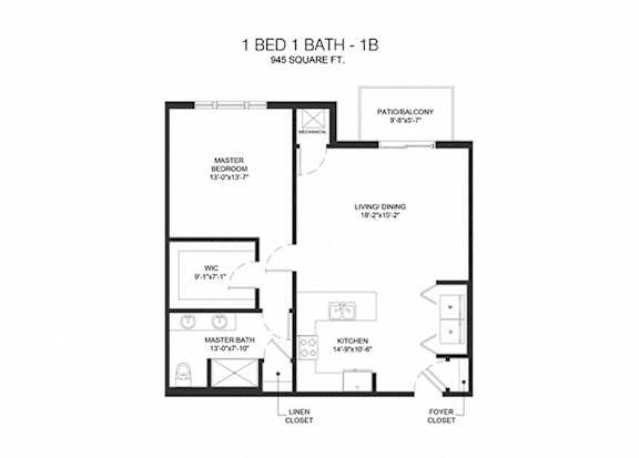2D floorplan of 1bd1ba apartment  at Arden of Oak Brook, Oakbrook Terrace, IL