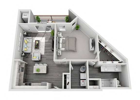 3D render of 1ba 1bd apartment  at Arden of Oak Brook, Oakbrook Terrace, IL, 60181