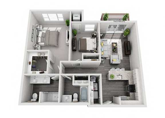 Floor Plan  3D render of 2ba 2bd apartment  at Arden of Oak Brook, Oakbrook Terrace, IL, 60181